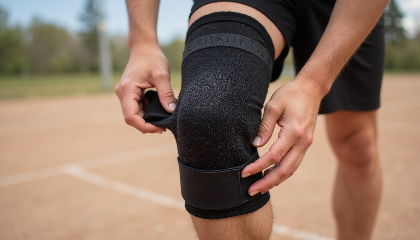  Close-up textured neoprene knee sleeve, hand adjusting strap, sunlit outdoor court, protective confidence