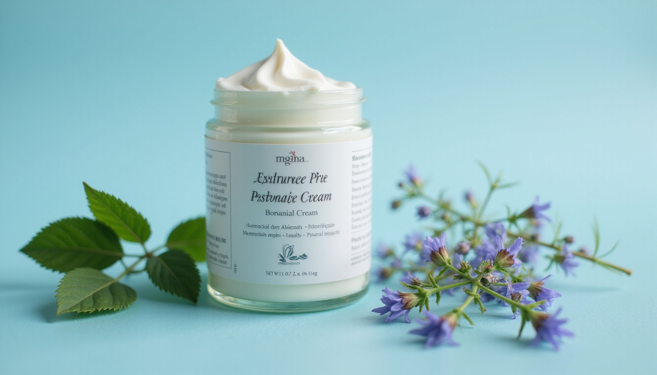  Close-up jar of natural hormone cream, botanical ingredients, progesterone molecule overlay, soft blue lighting