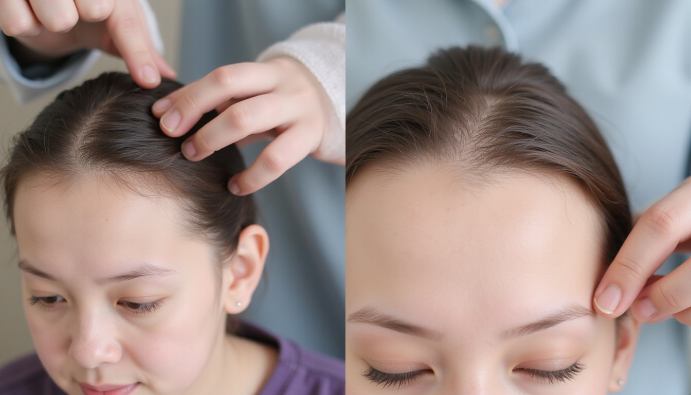  Close-up before-and-after hairline transformation, soft clinic setting, supportive expert hands guiding