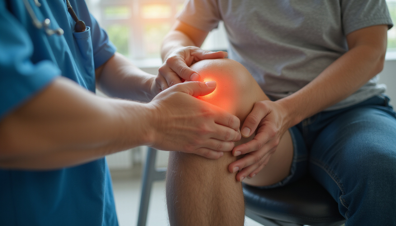 Close-up of expert hands mobilising injured knee, warm clinical lighting, calm patient, detailed textures