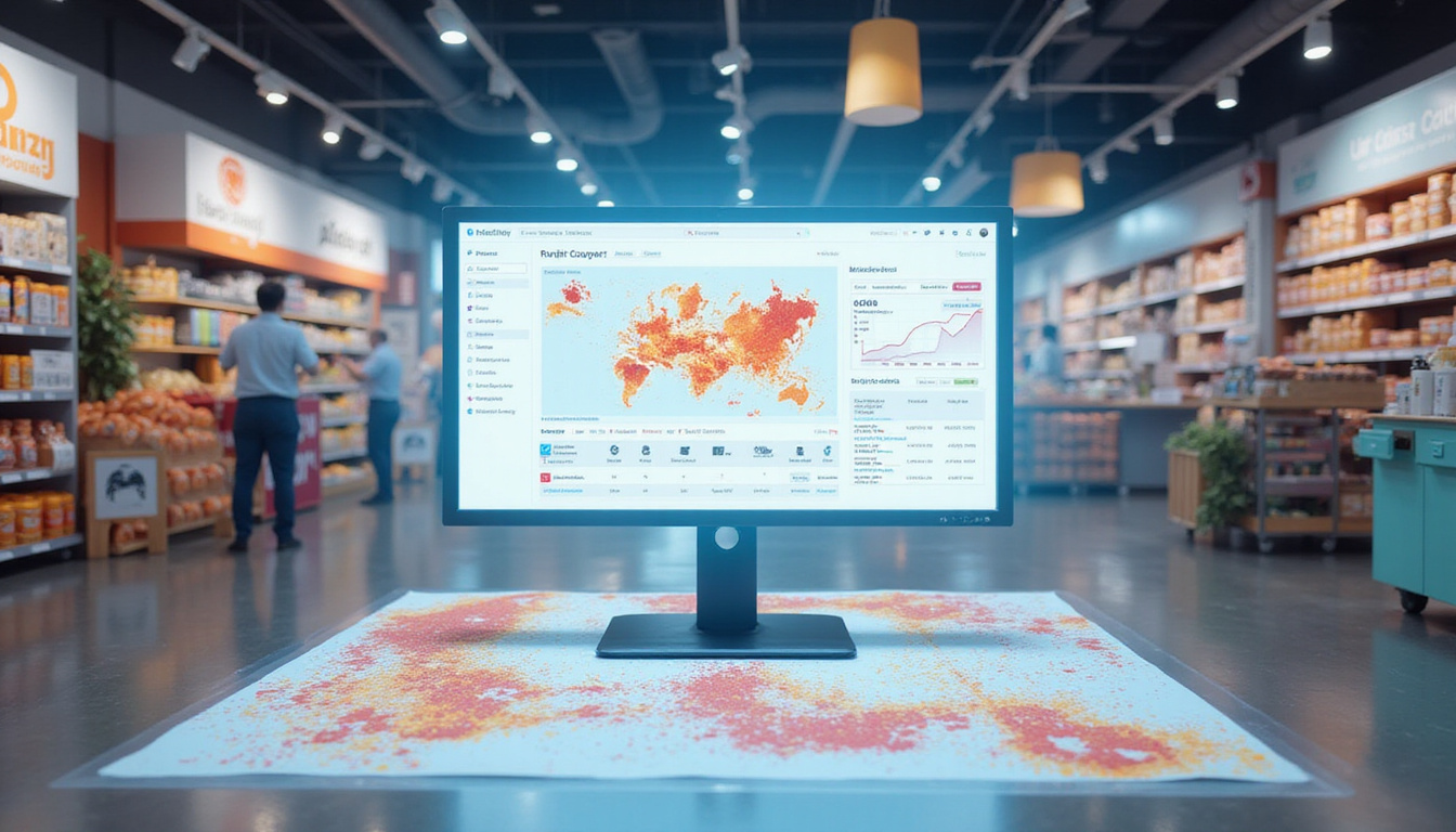  Data-driven marketing dashboard projecting heatmaps onto store floor, mobile coupons, skyrocketing sales graph