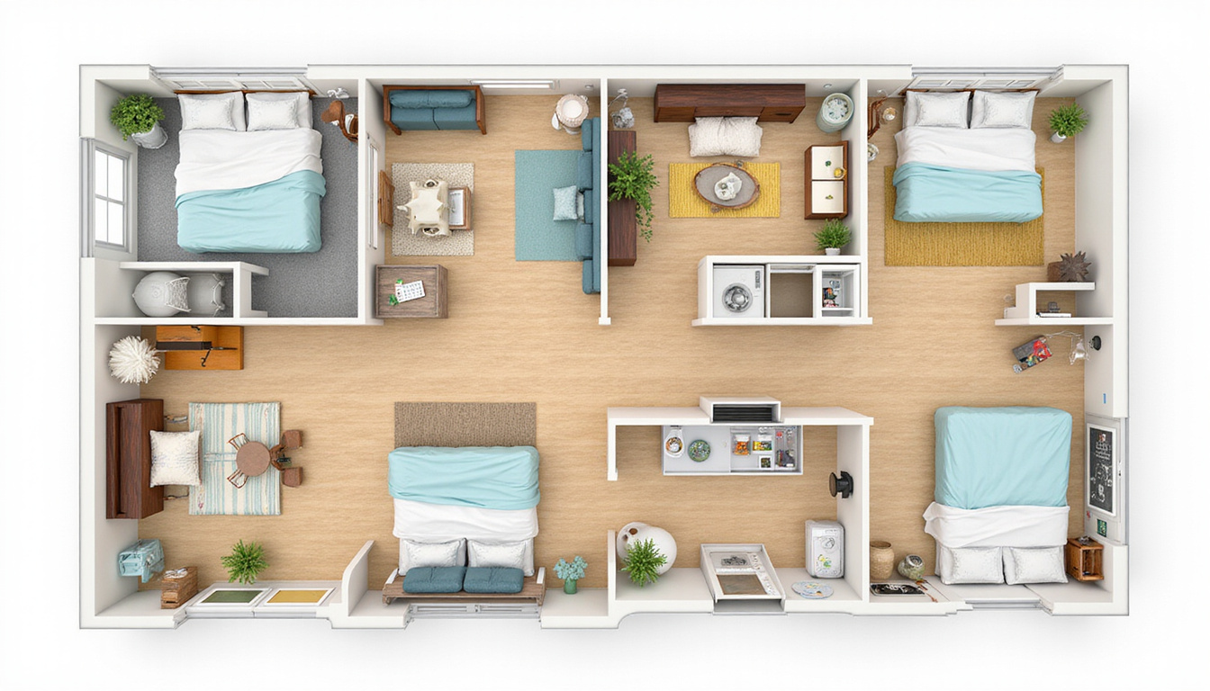  Budget-friendly four-bedroom floor plan visualization, flexible rooms, smart storage, warm Scandinavian decor