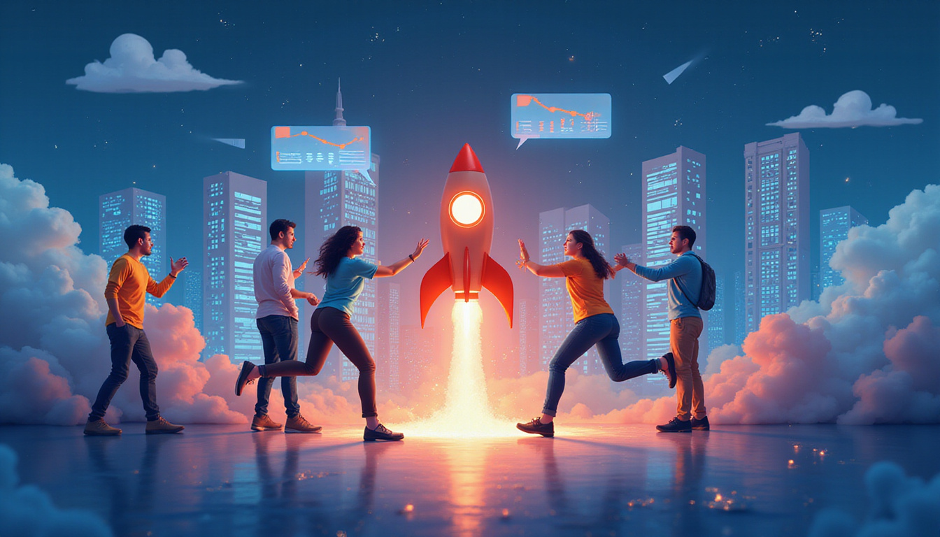  Dynamic startup team scaling rocket, spreadsheets, glowing KPI numbers, city skyline backdrop