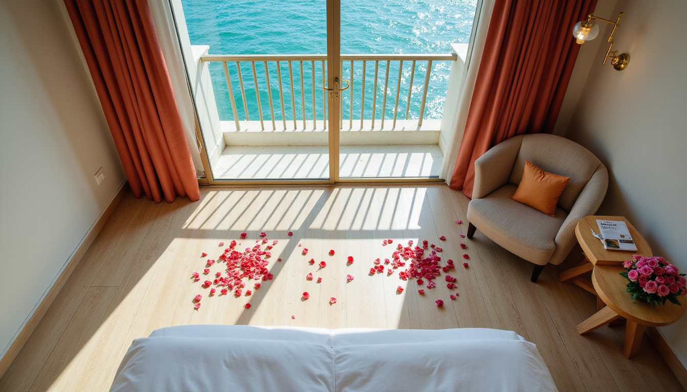  Overhead view of luxury honeymoon suite, rose petals, ocean view balcony, gold accents