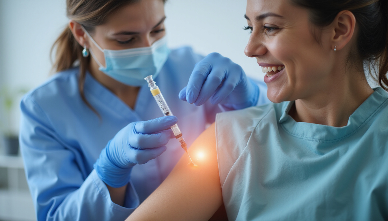  Clinician administering translucent equine derived hyaluronate injection, patient smiling, radiant joint relief