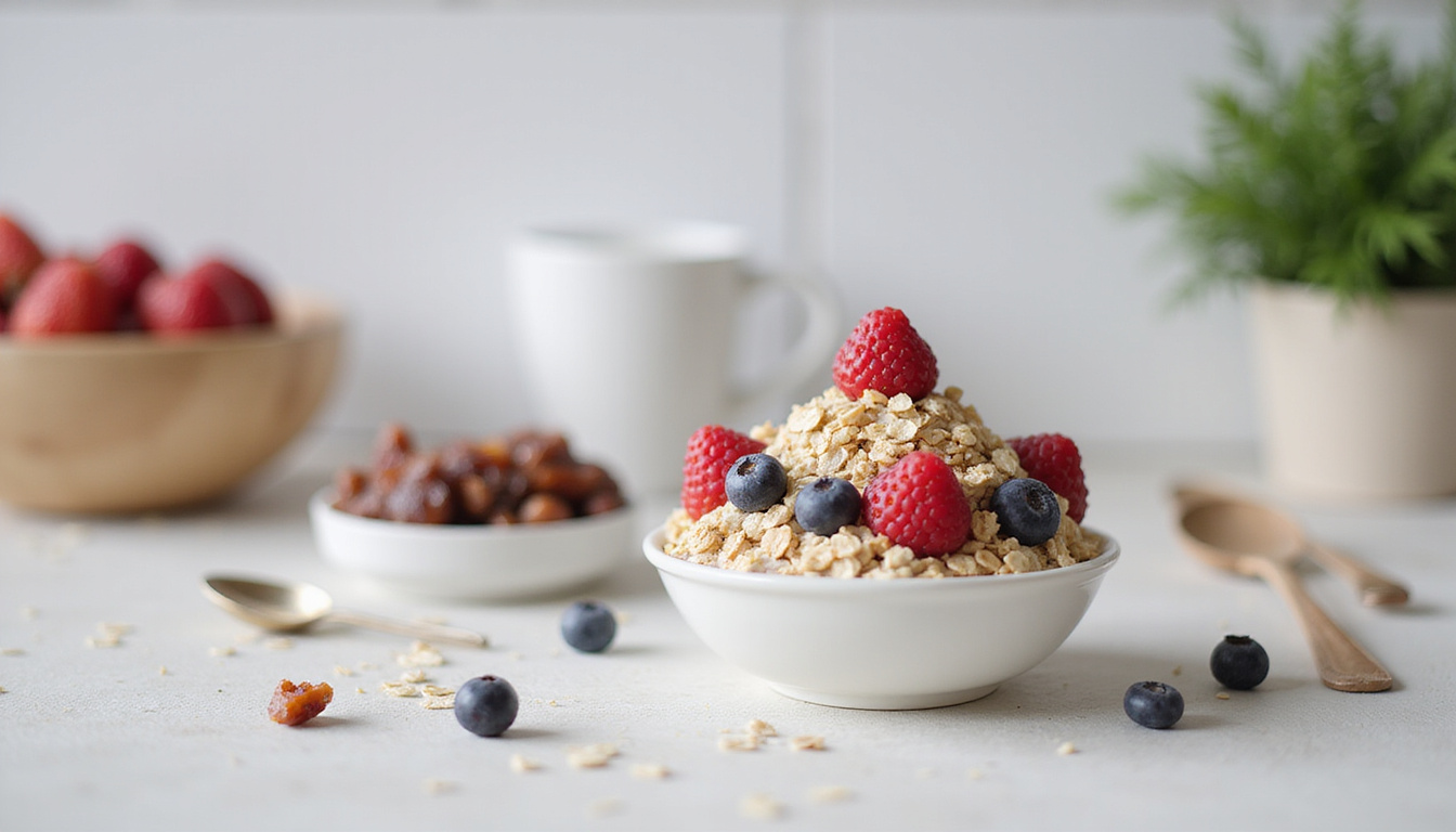  Bright kitchen counter scene showing sugar swap recipes: yogurt parfait with berries, oats, chopped dates, shallow depth of field