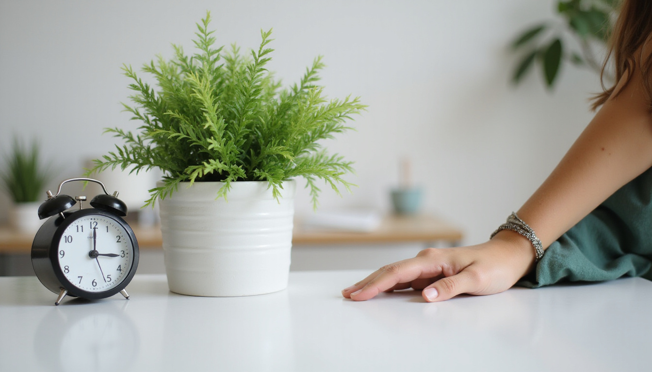  Office desk transformed into calm sanctuary, potted plant, timer, gentle hand resting, stress melting away