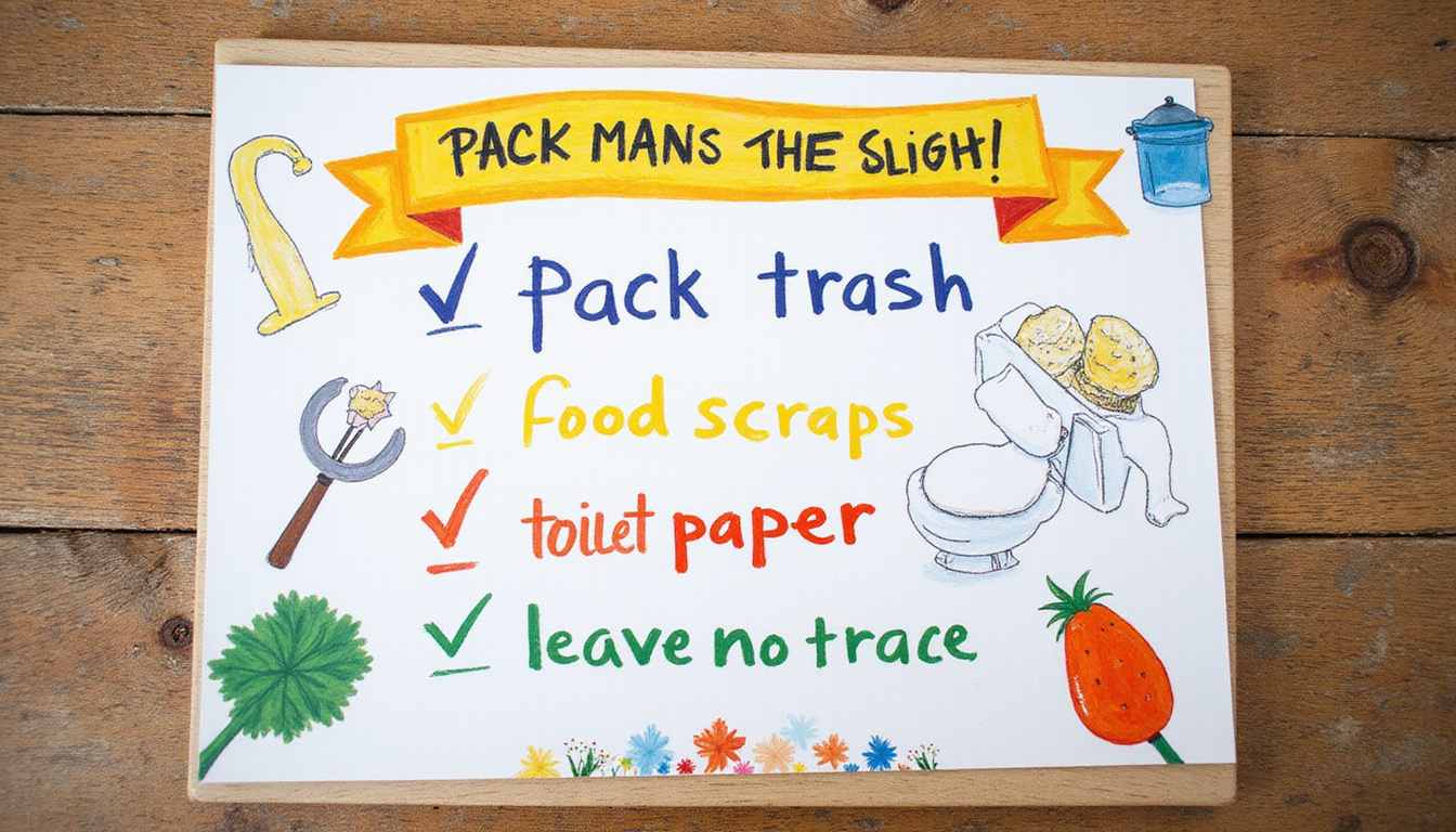 Colorful infographic checklist on wooden board: pack out trash, food scraps, toilet paper, leave no trace