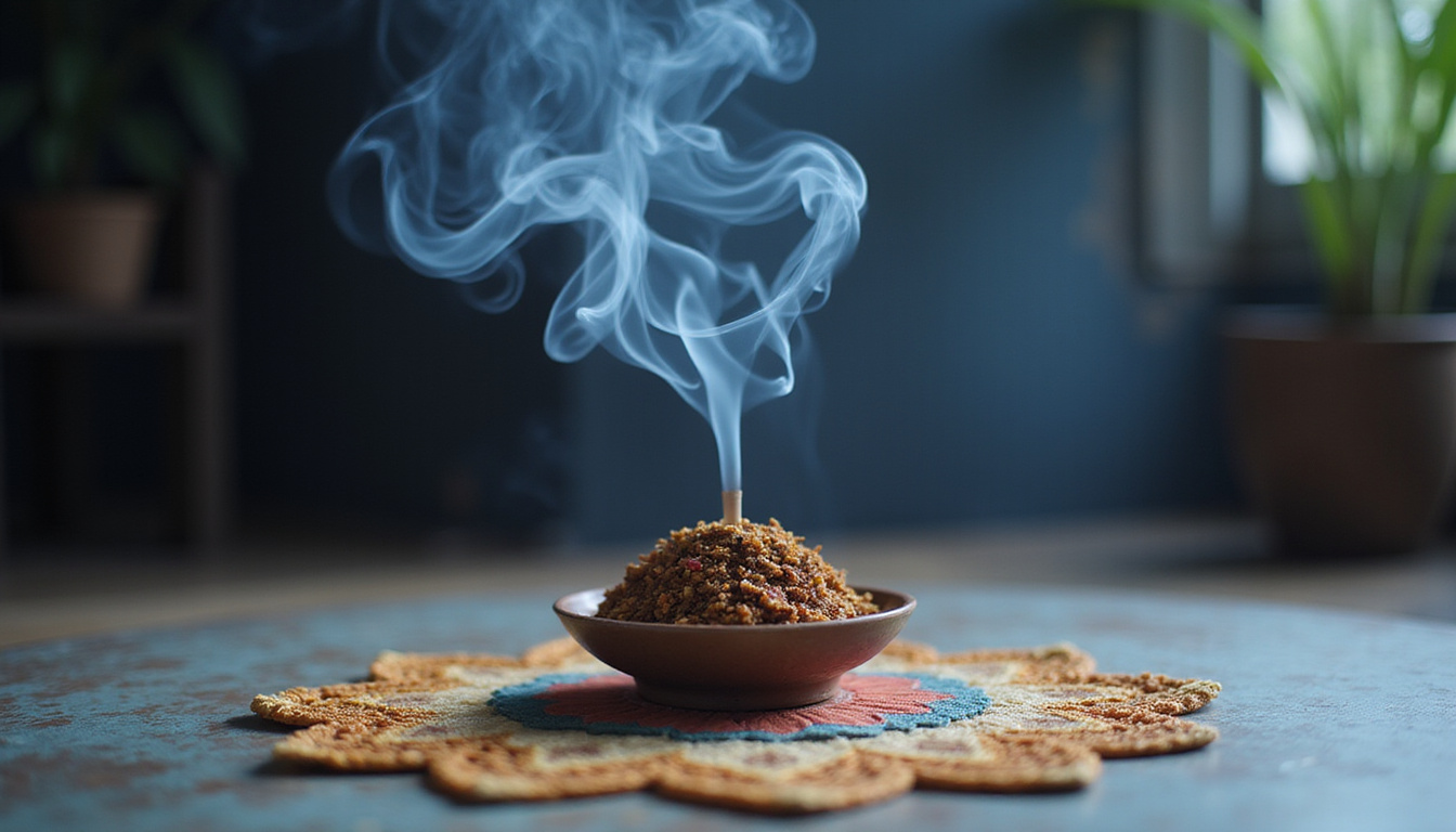  Minimalist workspace with incense smoke curling, closed eyes, focused breath, floating geometric mandala