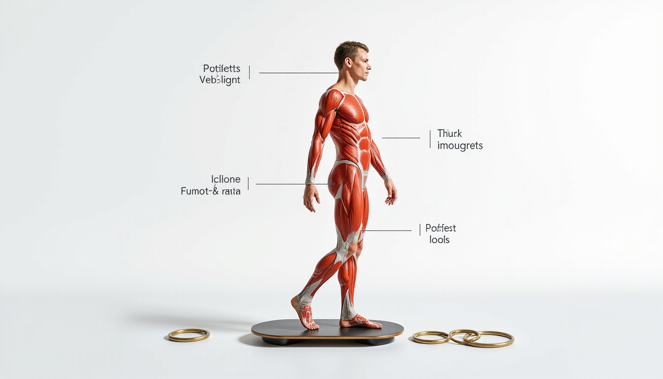  Cutaway anatomical overlay showing activated core muscles, balance board, stability rings, clean infographic aesthetic