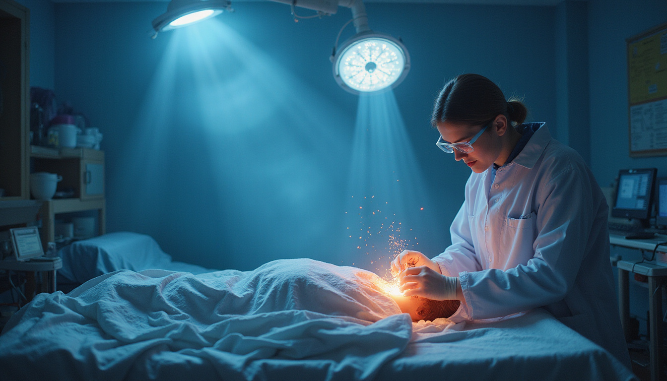 Natural revolution: scientist and patient beneath regenerative light, microscopic platelets mending tendons