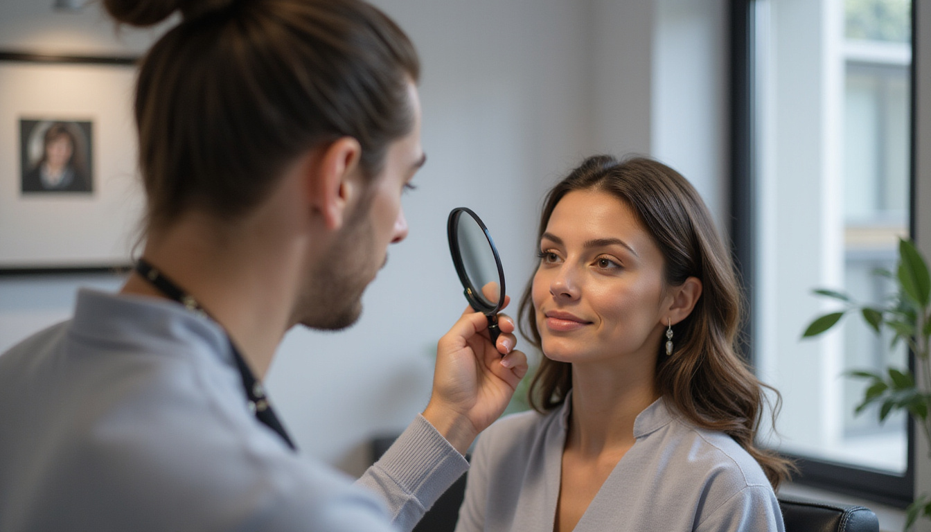  Hair stylist examining hairline with magnifying glass, before-and-after treatment photos, modern inclusive salon