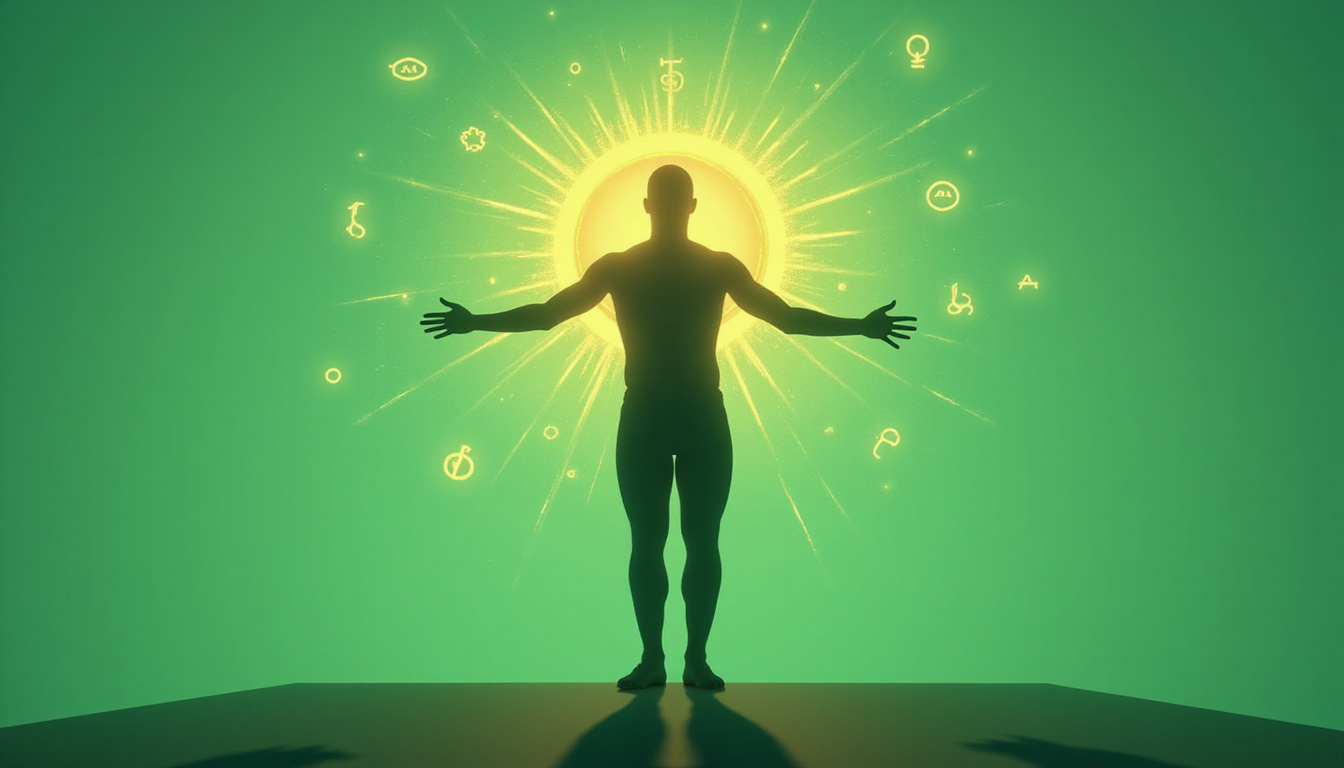  Balanced human silhouette surrounded by hormone icons, energy pulse radiating, calming green background
