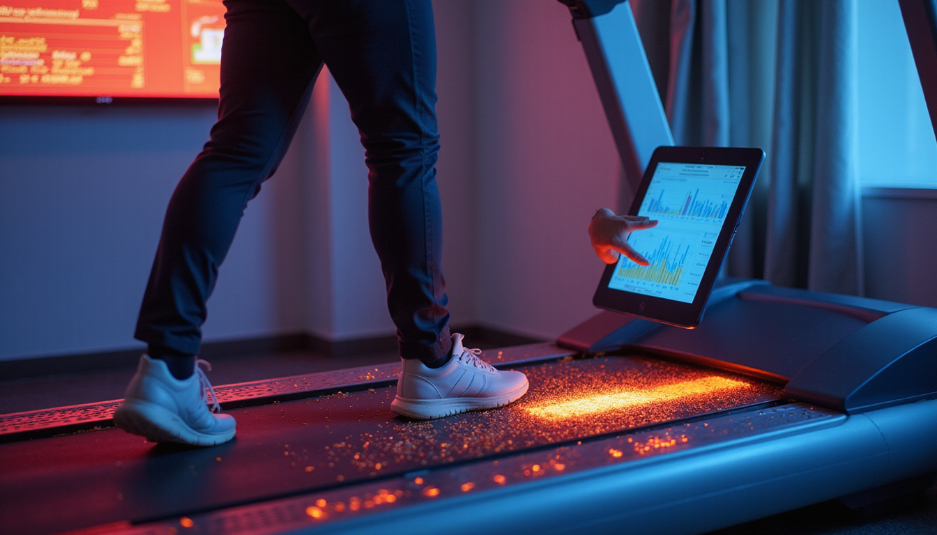  Slow-motion treadmill scene, glowing footprint heatmap, coach with tablet pointing to efficiency graphs