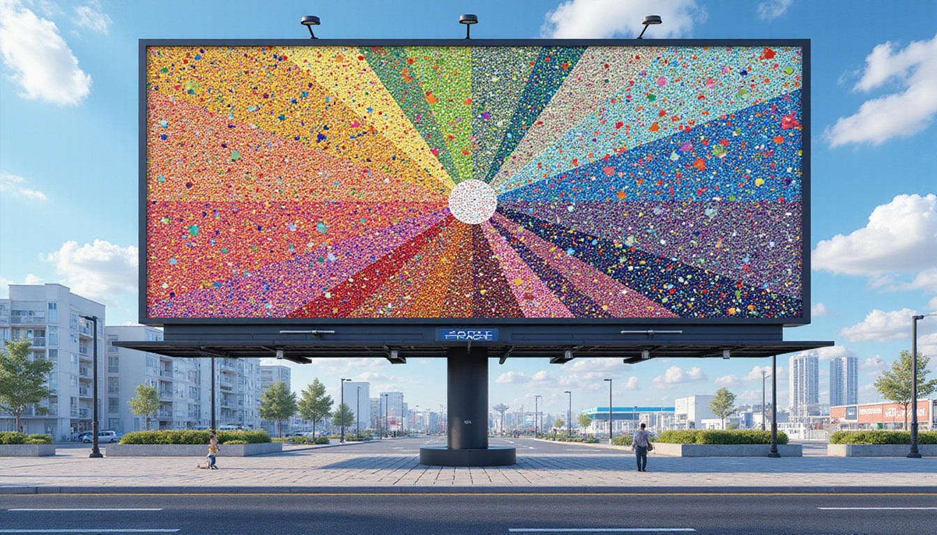  Colorful mosaic billboard made from tiny shop storefronts, united digital ad network lines, isometric high-detail