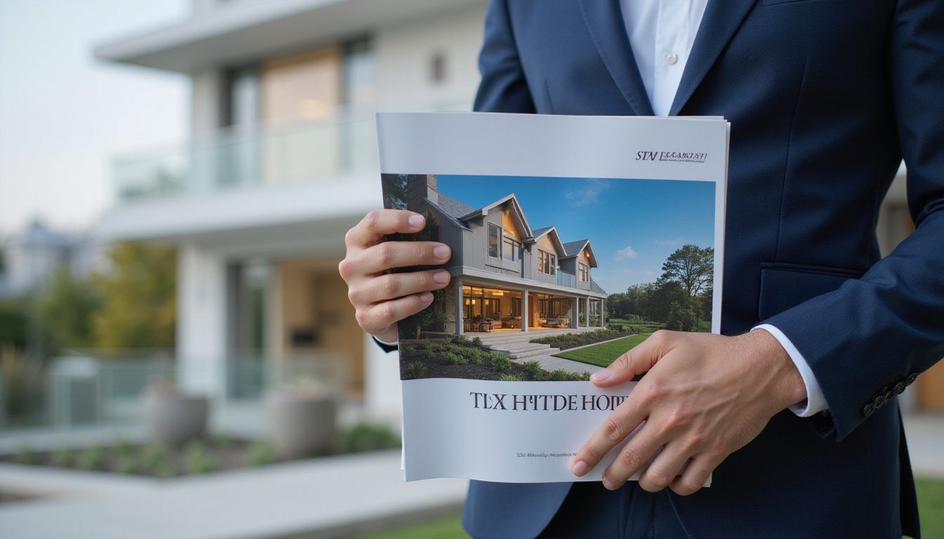  High-end real estate brochure held by stylish agent, modern mansion in blurred background