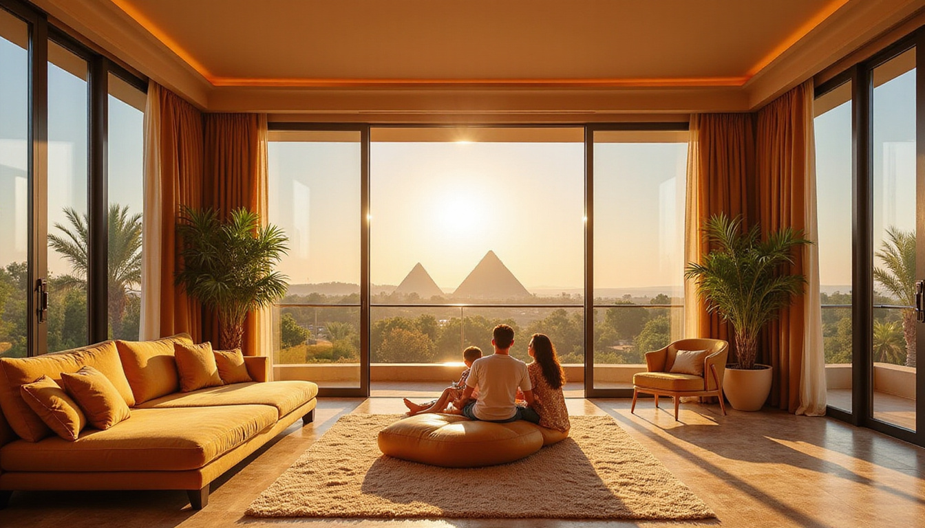  Spacious opulent suite with family relaxing, golden interiors, palm trees, distant pyramids, price tag savings banner