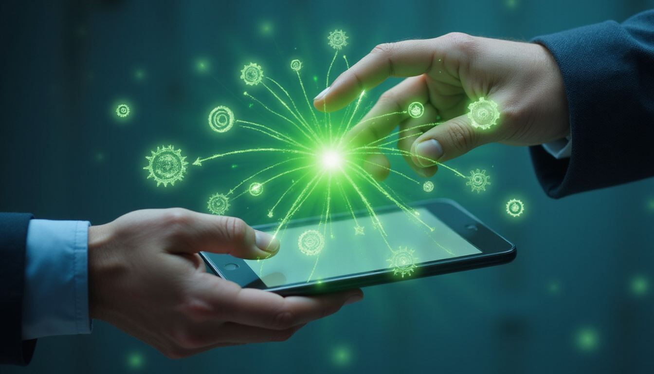  Hands exchanging digital tablet showing green approval, flowing arrows, gears turning, bright optimistic colors