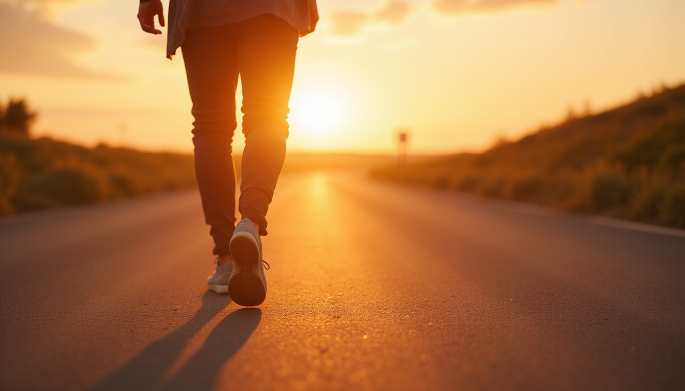  Patient walking pain-free with warm light dissolving tension around joints, confident stride, sunrise