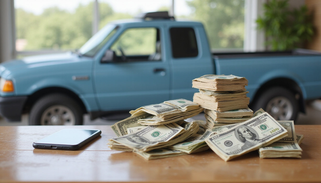 Smartphone listing on table, clutter transformed into stacks of bills, pickup van in background