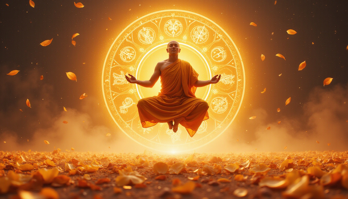  Levitating monk surrounded by golden siddhi sigils, lotus petals, ethereal light, serene concentration