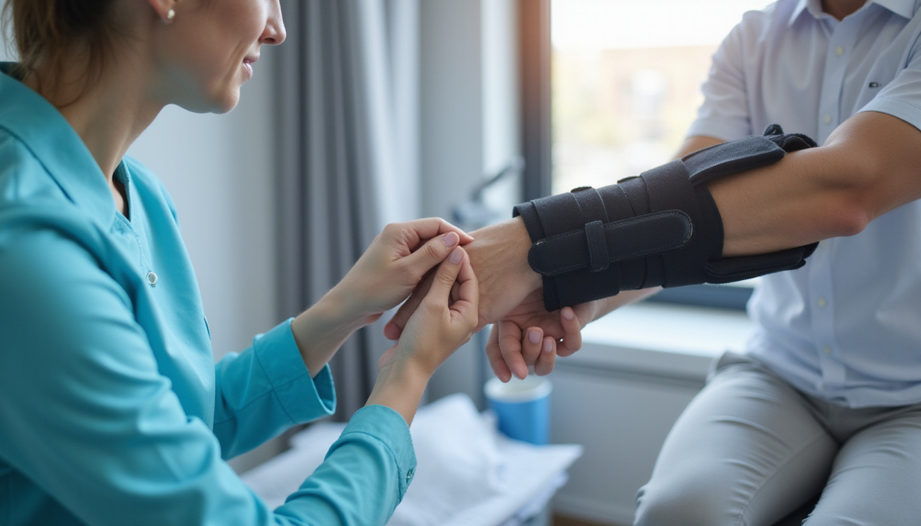  Close-up of adjustable arm brace being fitted by therapist, modern materials, blueprint overlay