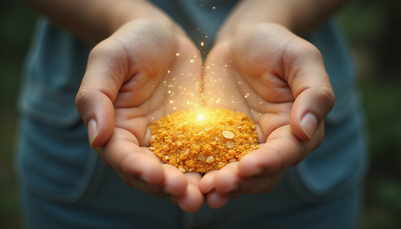  Natural compound palmitoyl glucosamine molecule floating above hands, soft light, healing energy beams