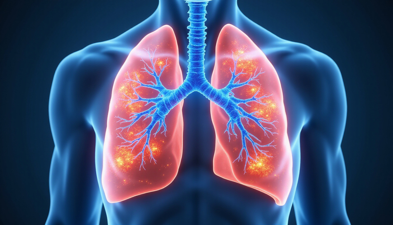  Graphic cross-section of lungs showing airflow repair, vibrant blue currents, medical icons, hopeful futuristic rehabilitation