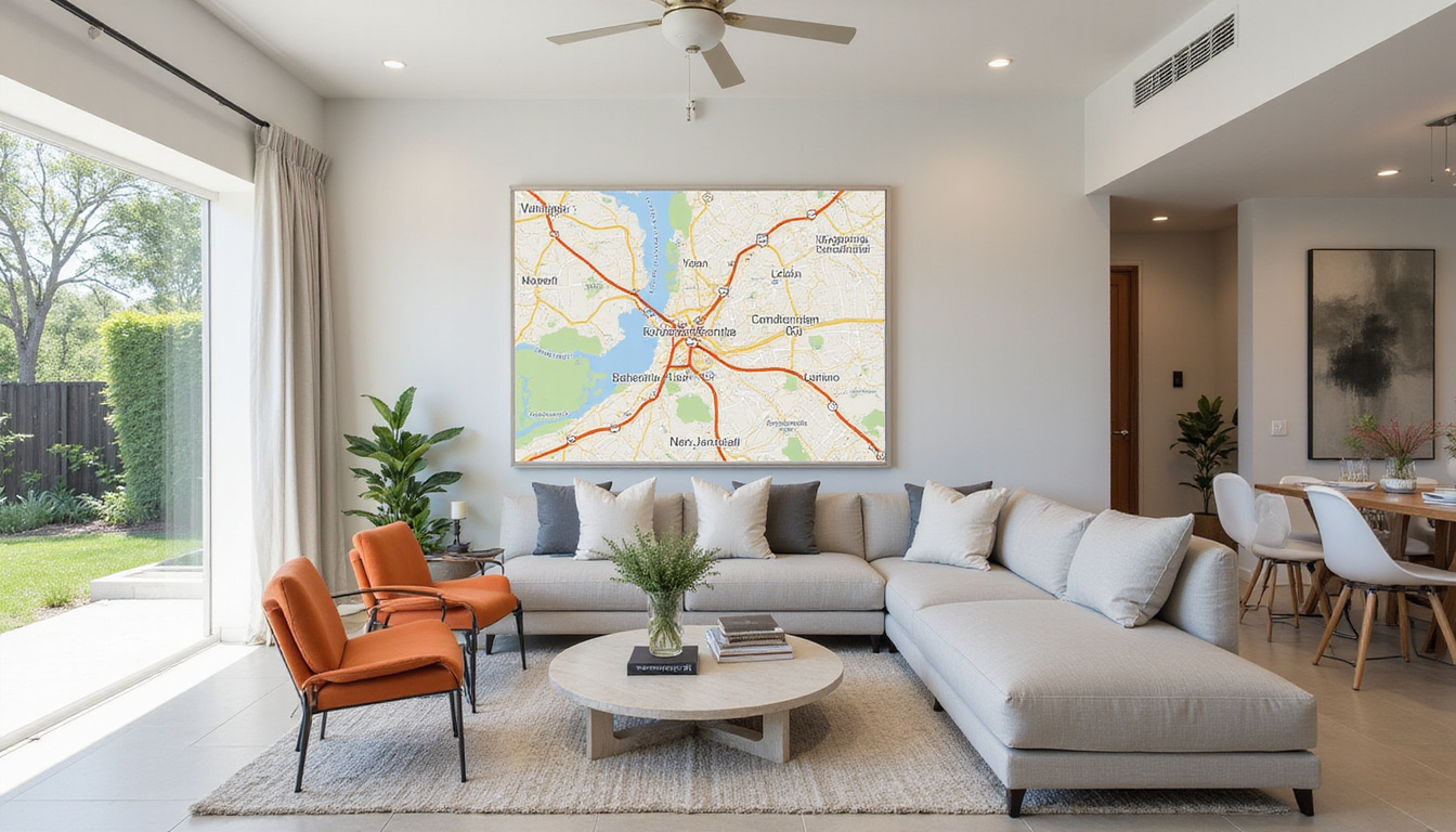 Upscale villa interior staging, modern minimalist furniture, realtor showing contract, neighborhood map overlay