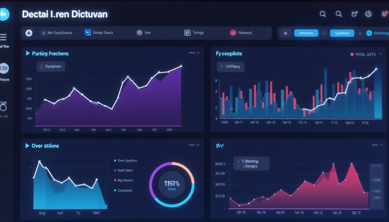 Dashboard of dynamic creative optimization showing rising conversion graphs, AI copilots, engaging visuals