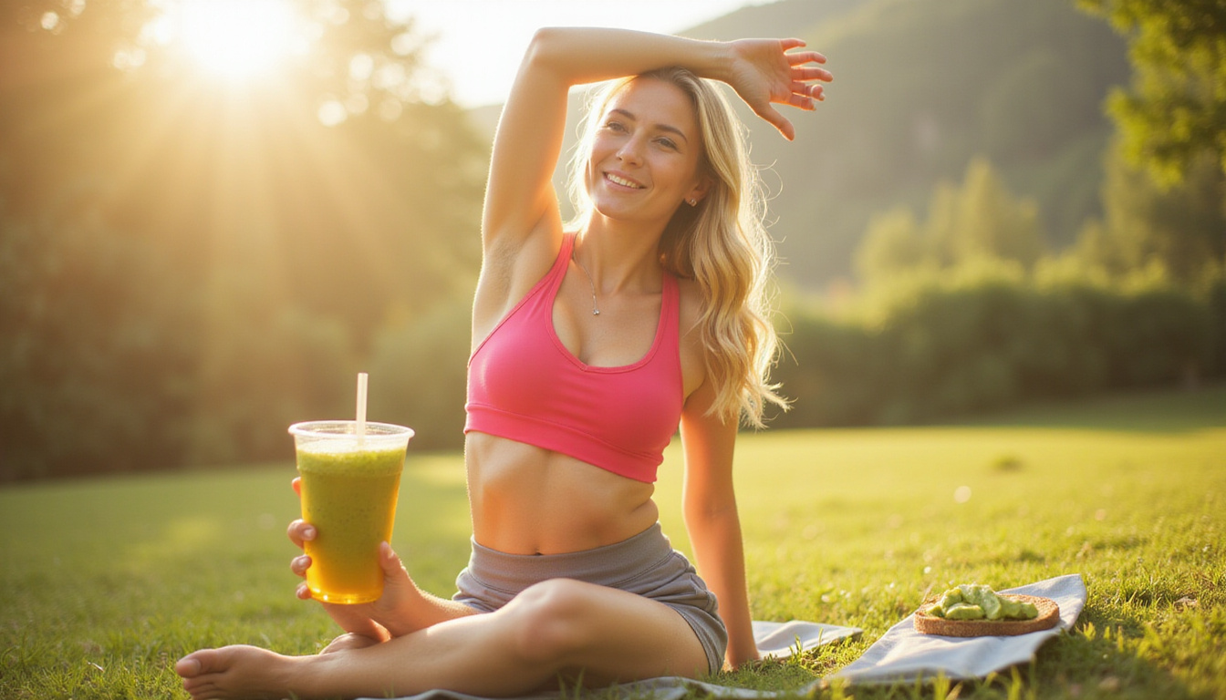  Refreshed person outdoors stretching, bright sunlight, electrolyte drink, avocado toast, clear focused expression