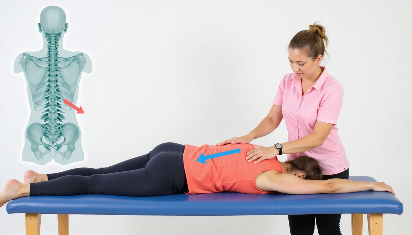  Anatomical overlay of lumbar vertebrae during press-up, arrows indicating extension, physiotherapist guiding