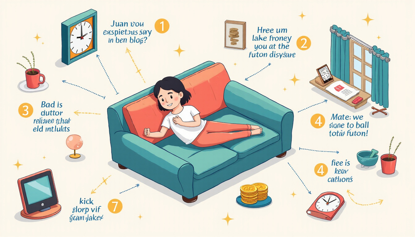  Isometric infographic showing step-by-step futon removal hacks, clock, coins, relaxed homeowner