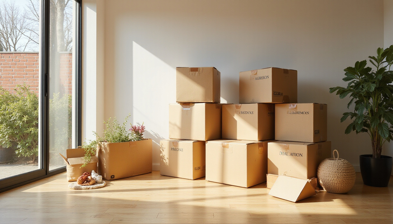  Sunlit organized home interior labeled boxes donation truck outside peaceful minimalist aesthetic