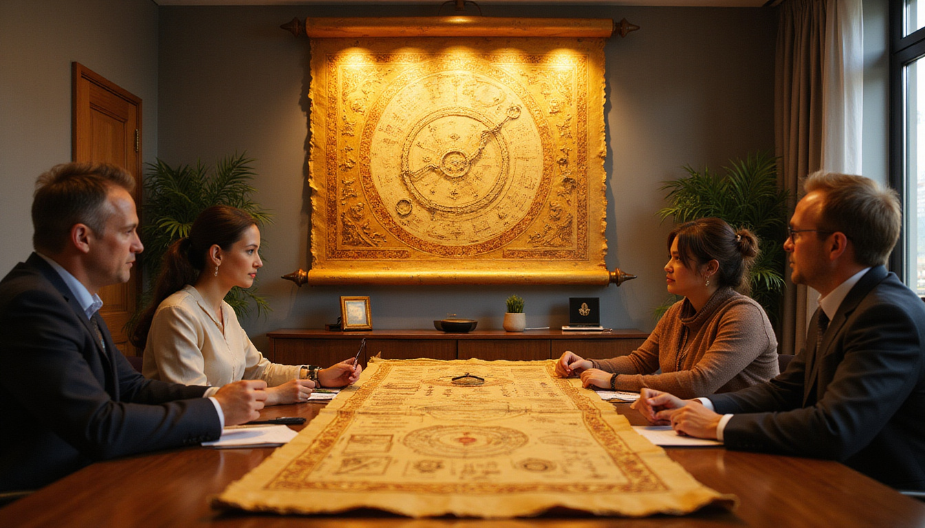 Boardroom scene with ancient oracle scroll projecting golden growth graphs, diverse team celebrating
