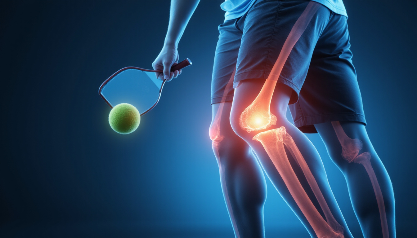  Pickleball player mid-serve, transparent joint X-ray overlay highlights healed tendon and stronger bone