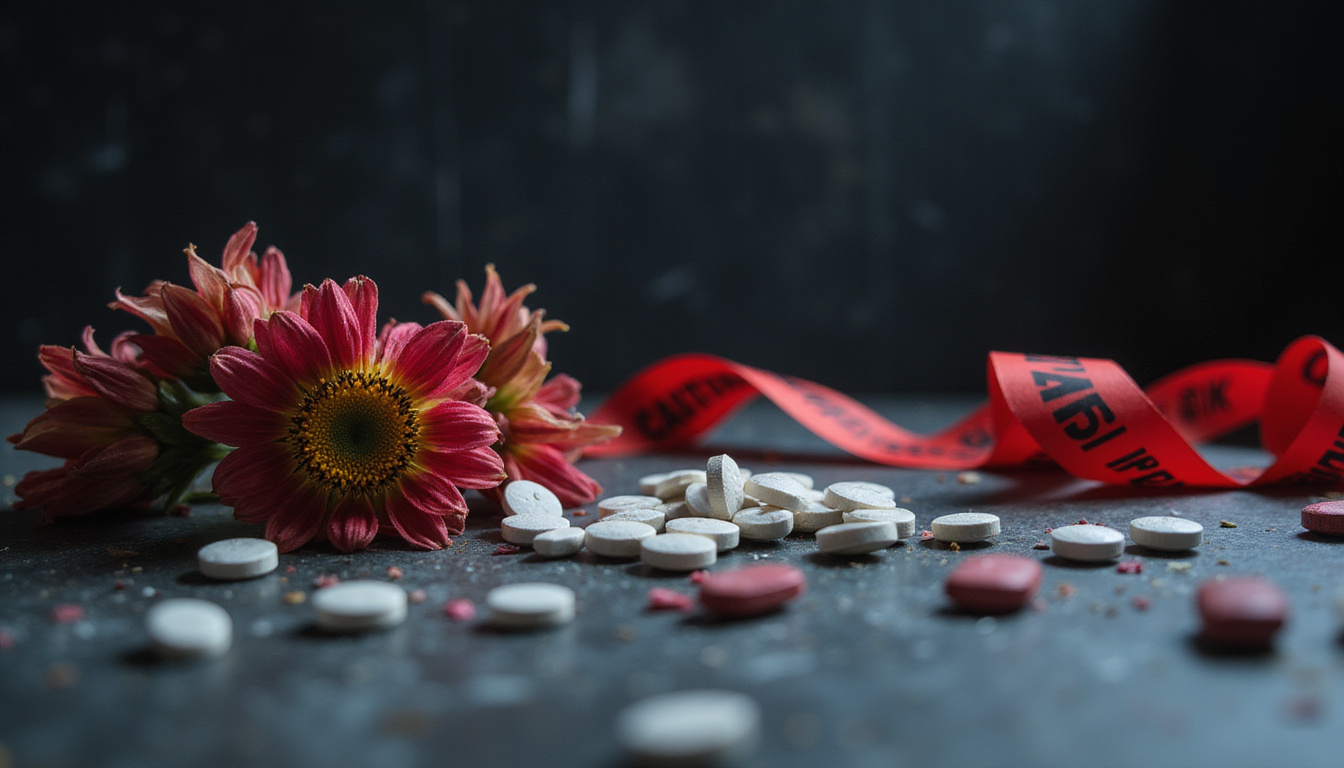  Dark warning vignette: wilted flowers, scattered pills, red caution tape, dramatic moody lighting