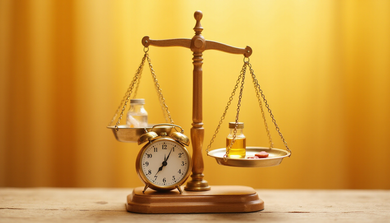  Scale balancing clock and hormone vial, warm morning tones, close-up, high-detail photorealism