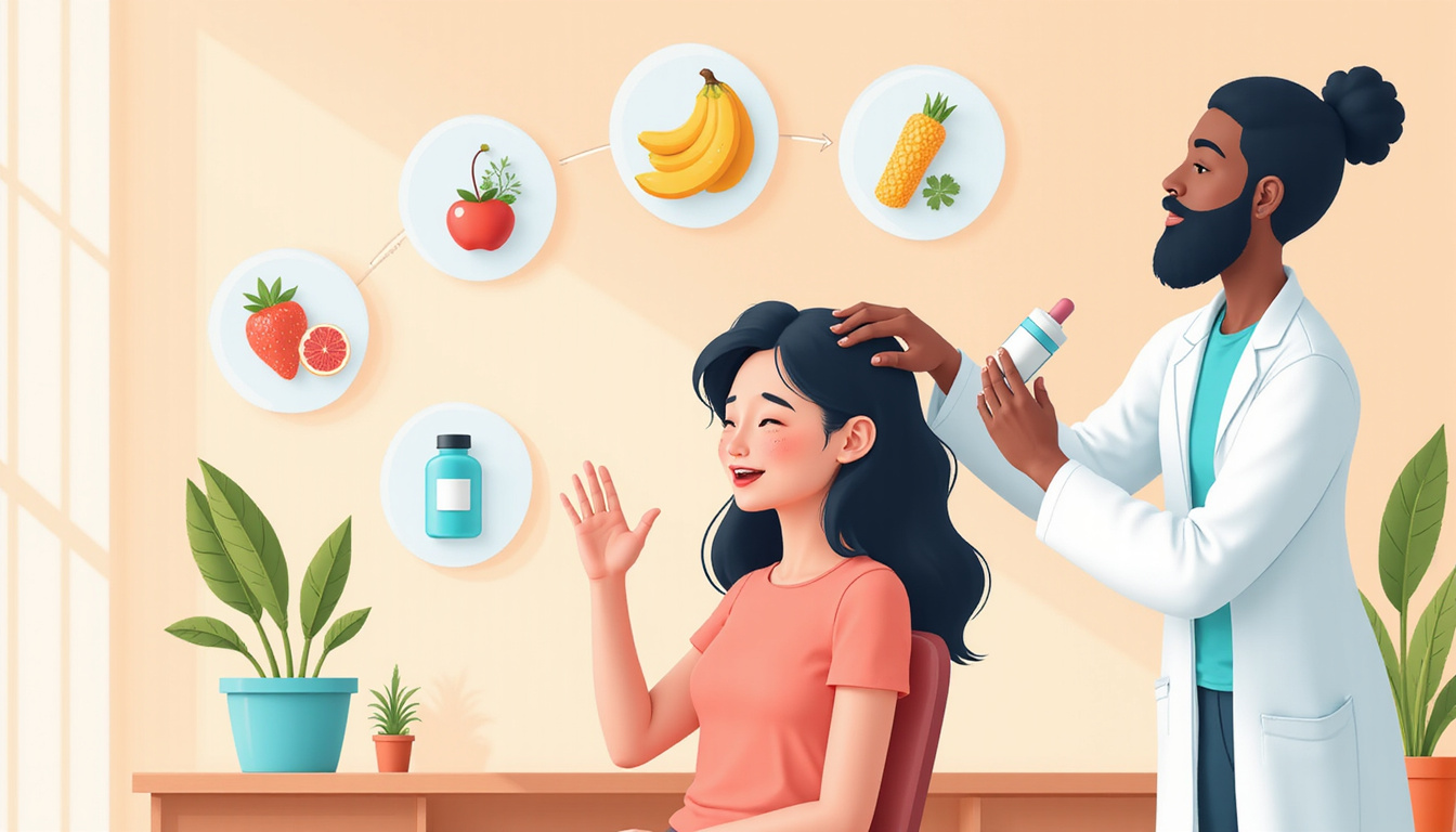  Dermatologist applying topical serum and healthy lifestyle icons promoting hair regrowth, hopeful patient
