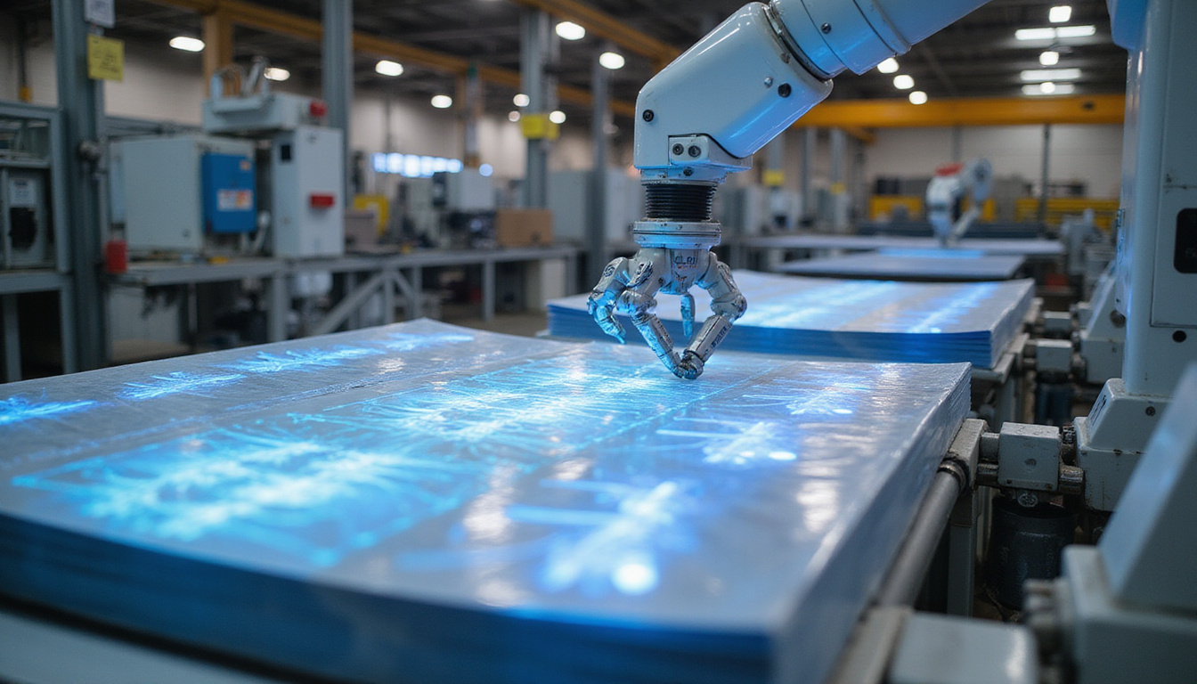  Robotic arms stacking printed sheets, holographic cost graphs rising, sustainable materials and clean factory