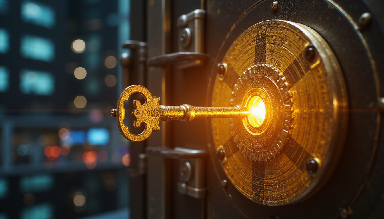 Golden key unlocking data vault, rising revenue graphs and diverse customer avatars illuminated