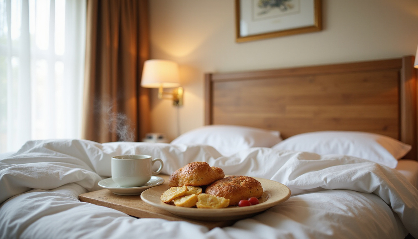 Cozy hotel suite breakfast in bed, fresh pastries, coffee steam, plush linens