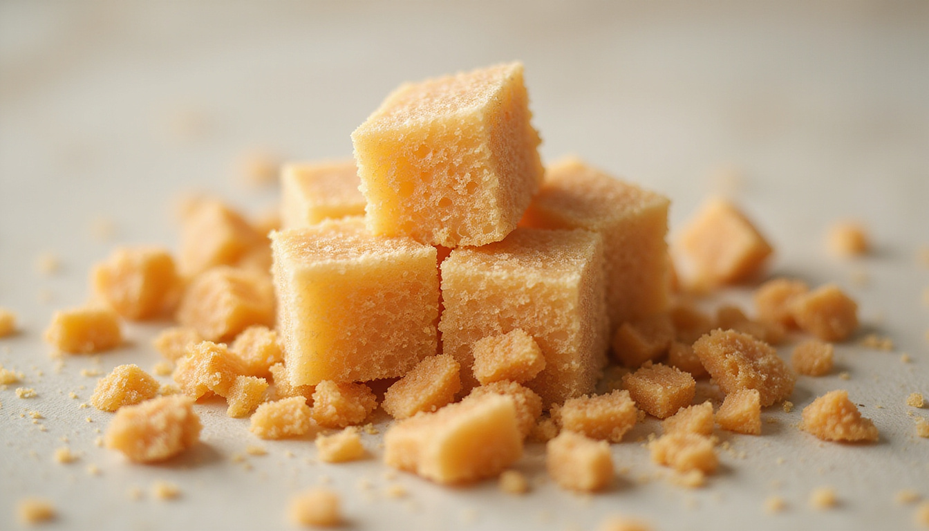Close-up crushed sugar cube turning into crunchy seed clusters, vibrant morning glow, satisfied smile
