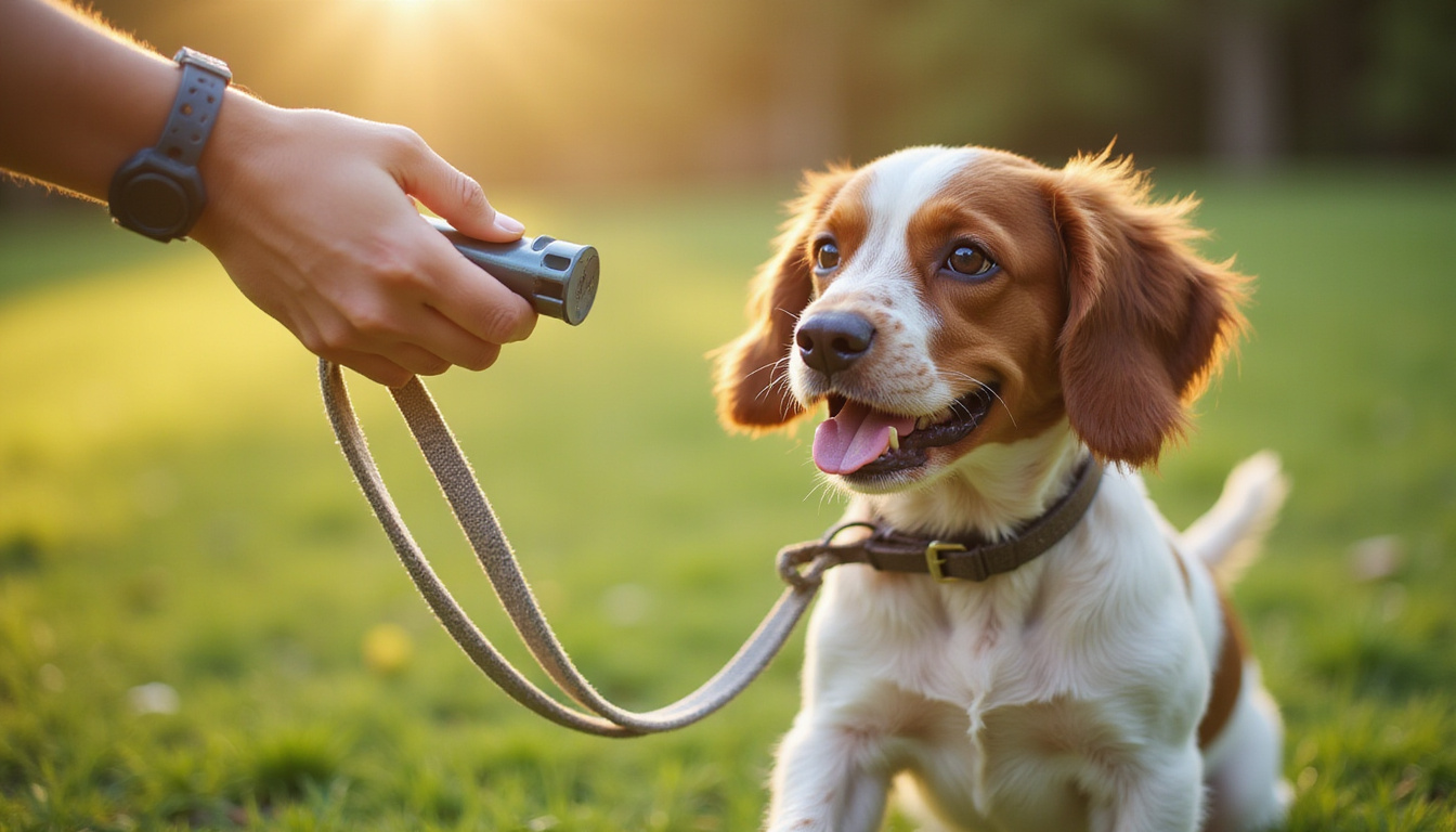 Close-up of hand blowing whistle, eager spaniel making eye contact, loose leash, dewy meadow