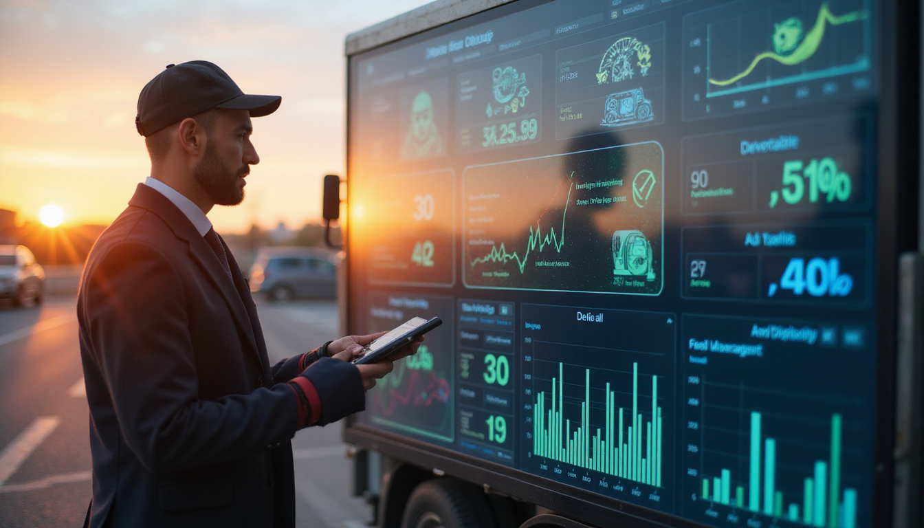 Fleet manager analyzing data dashboard, eco icons, fuel savings, urban skyline at sunrise