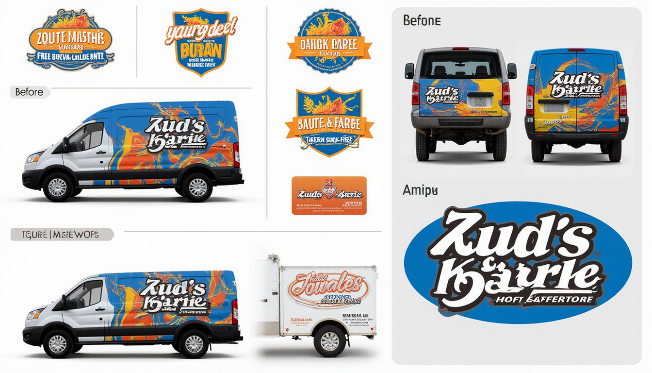  Before-and-after logo makeover presentation, truck wrap, business card, signage, vibrant playful yet professional branding