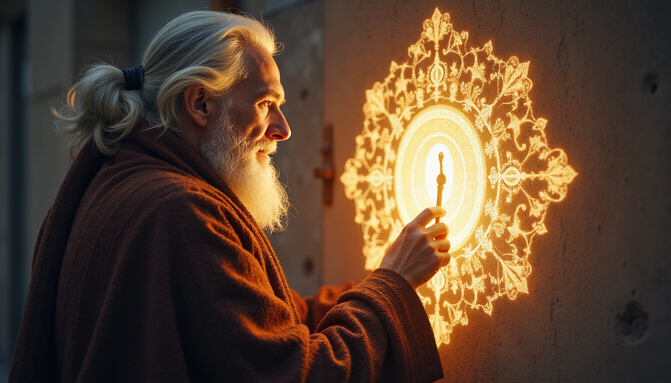Elderly serene figure unlocking a glowing keyhole, symbols from world religions, soft mystic atmosphere
