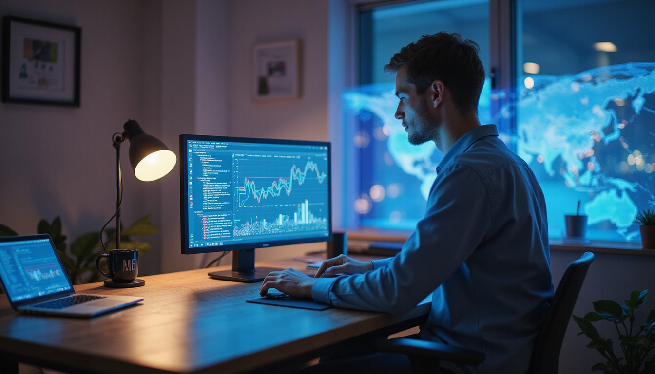  Young professional at desk, holographic focus metrics, crisp neural pathways glowing, productivity burst