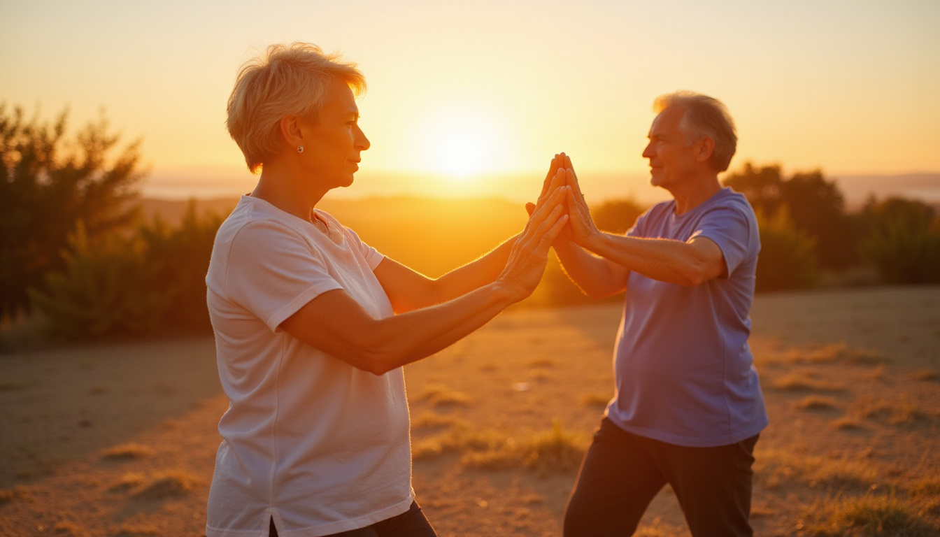  serene elderly couple practicing tai chi, omega three capsules, physiotherapy equipment, warm sunrise