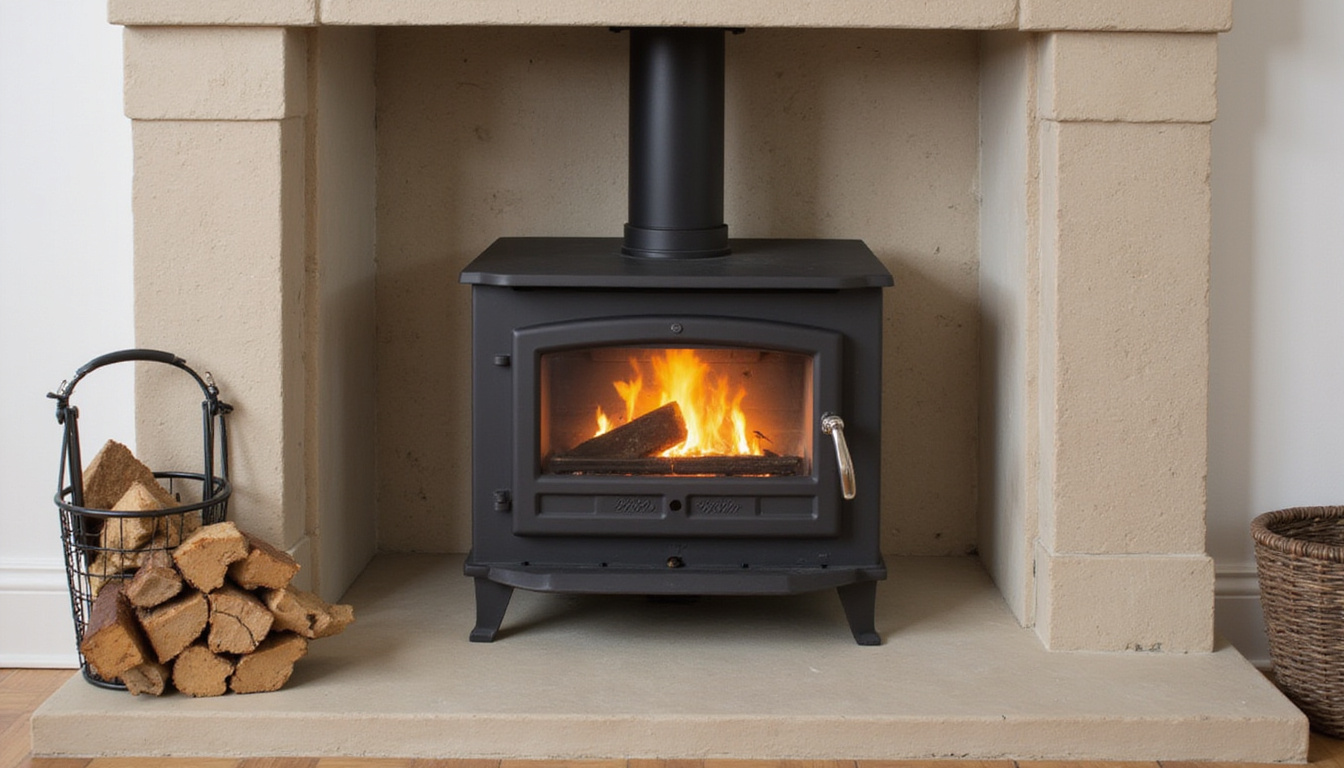 Stylish metal freestanding stove, sleek lines, ledger stone hearth, smart thermostat, lowered utility bills